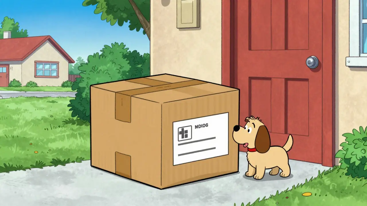 Medical delivery package arriving on a suburban front porch with a curious dog