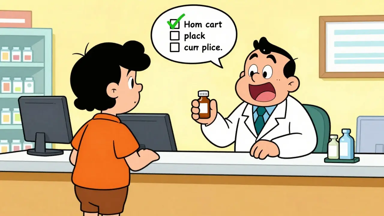 Patient receiving helpful medication advice from a pharmacist at a pharmacy counter.