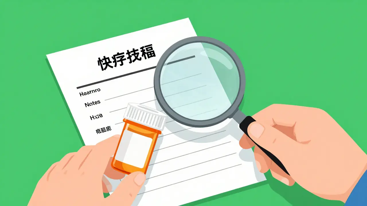 Person using a magnifying glass to verify medication dosage against a prescription