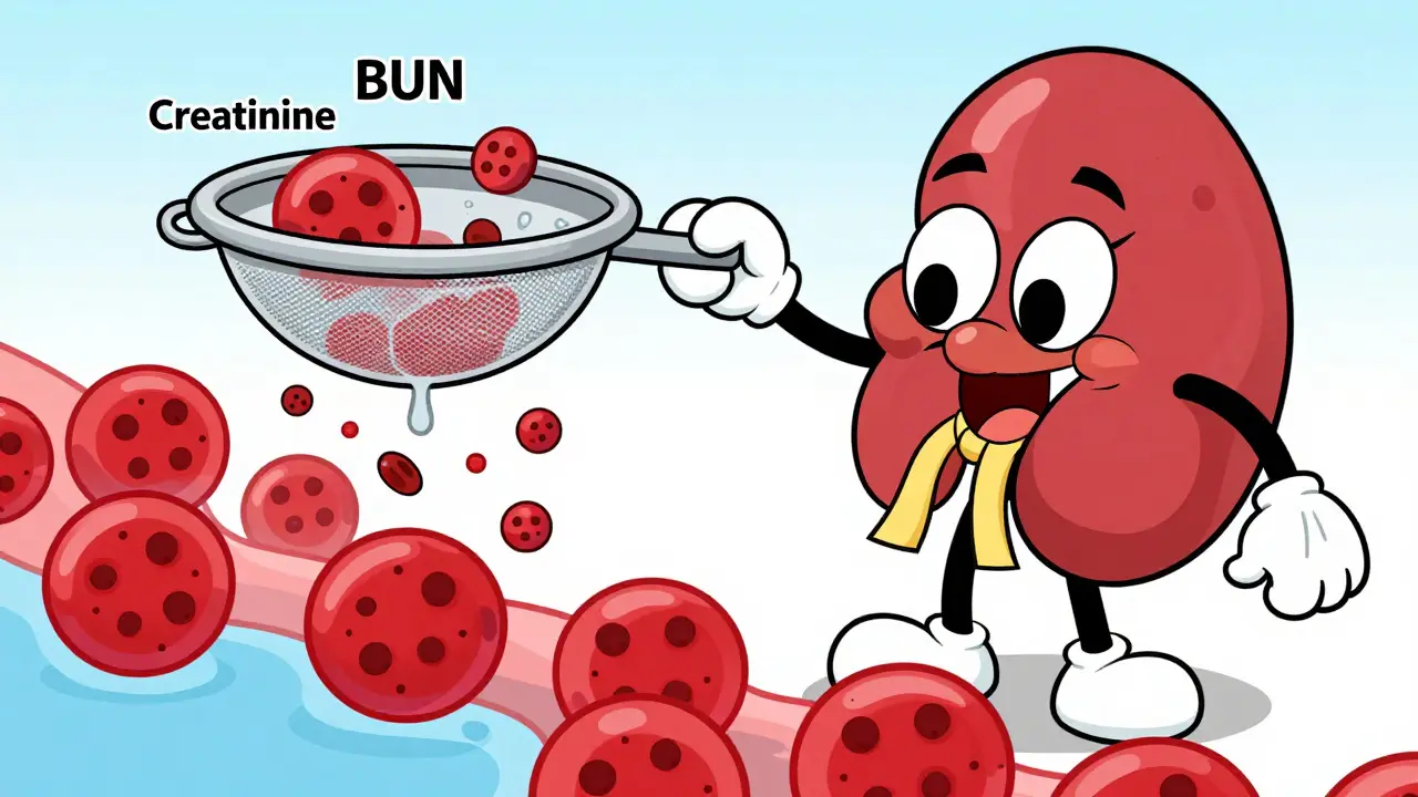 Personified kidney character filtering waste particles from blood cells