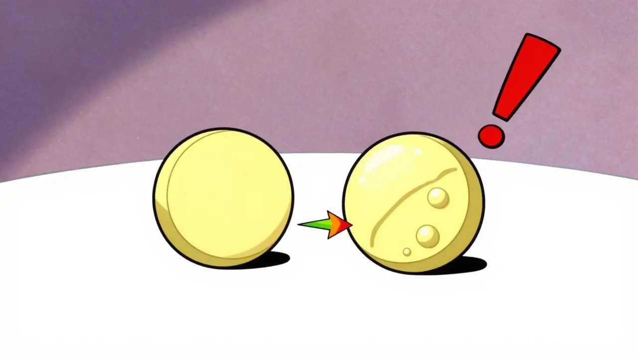 Two side-by-side cartoon pills showing one with a crumbly texture and bubbles