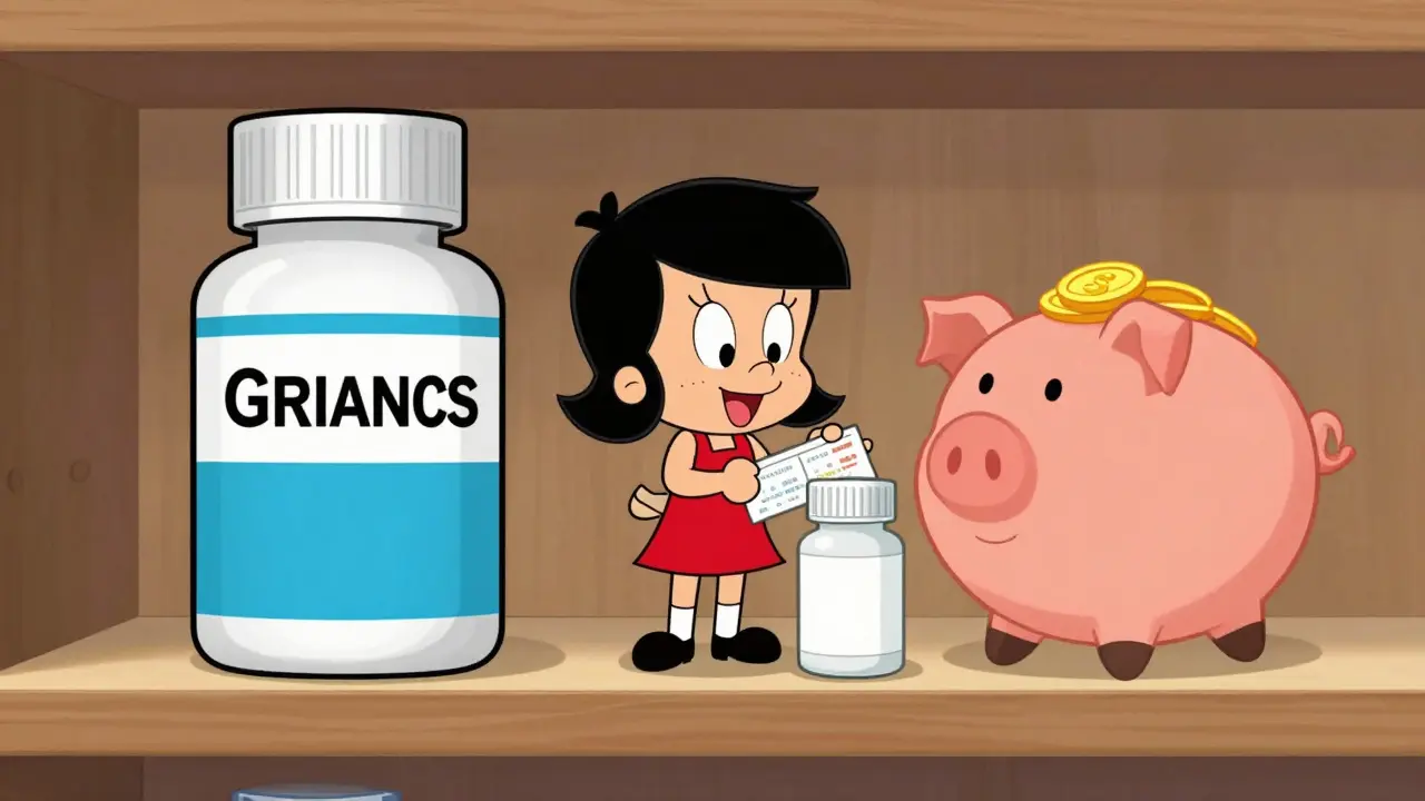 Cartoon comparing expensive brand drug vs cheap generic savings