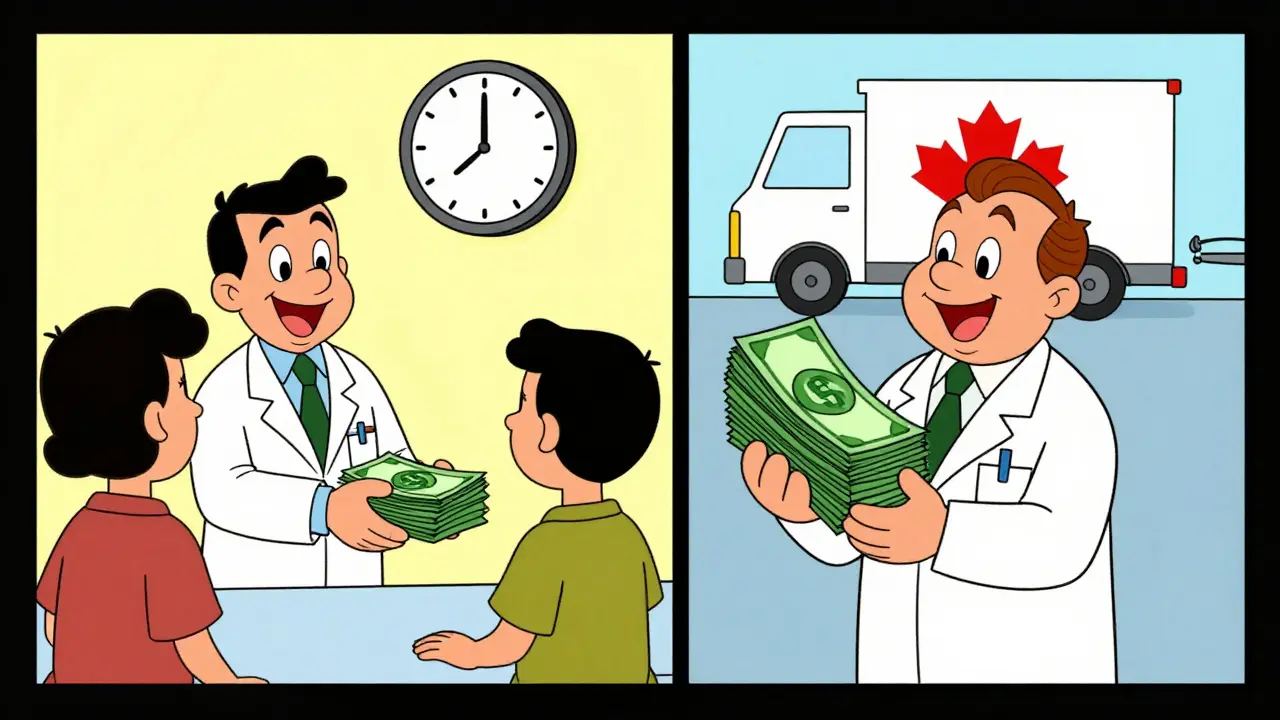 Cartoon comparison of fast US pharmacy vs cheap Canadian pharmacy