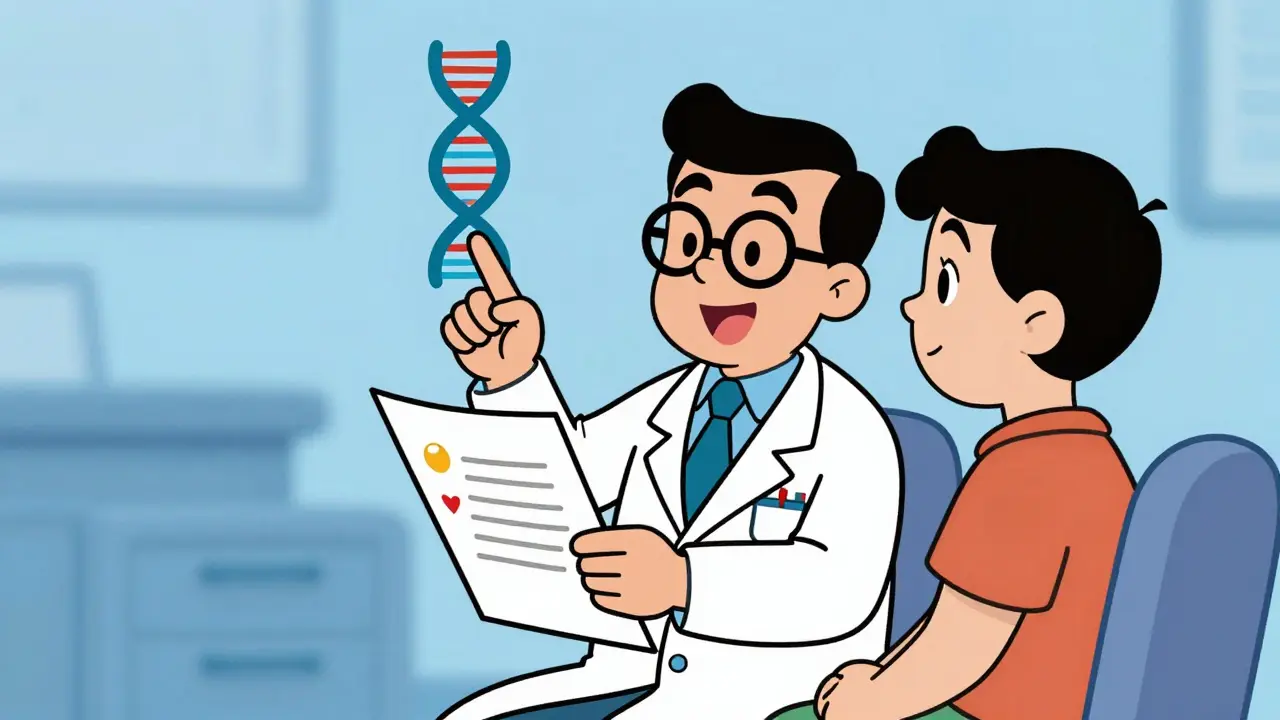 Cartoon doctor explaining genetic testing to a calm patient
