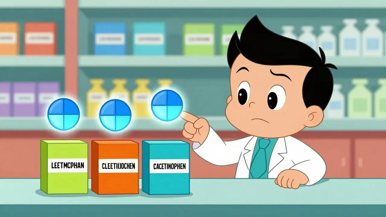 Cartoon pharmacist warning about hidden ingredients in multiple meds