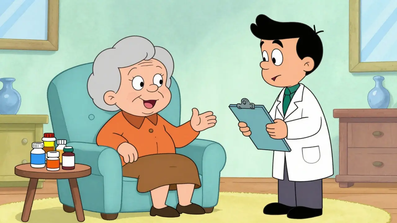 Cartoon senior consulting pharmacist about medication safety
