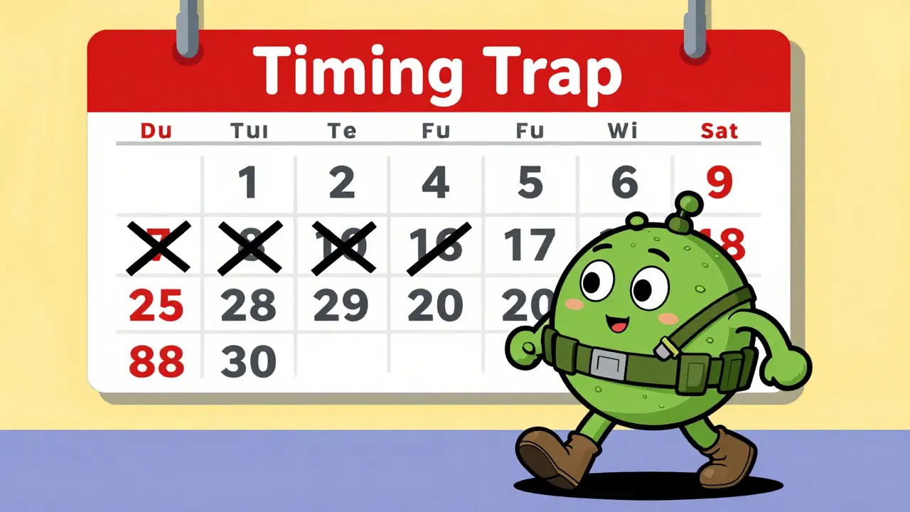 Cartoon T-cell soldier marching past a calendar showing weeks passing