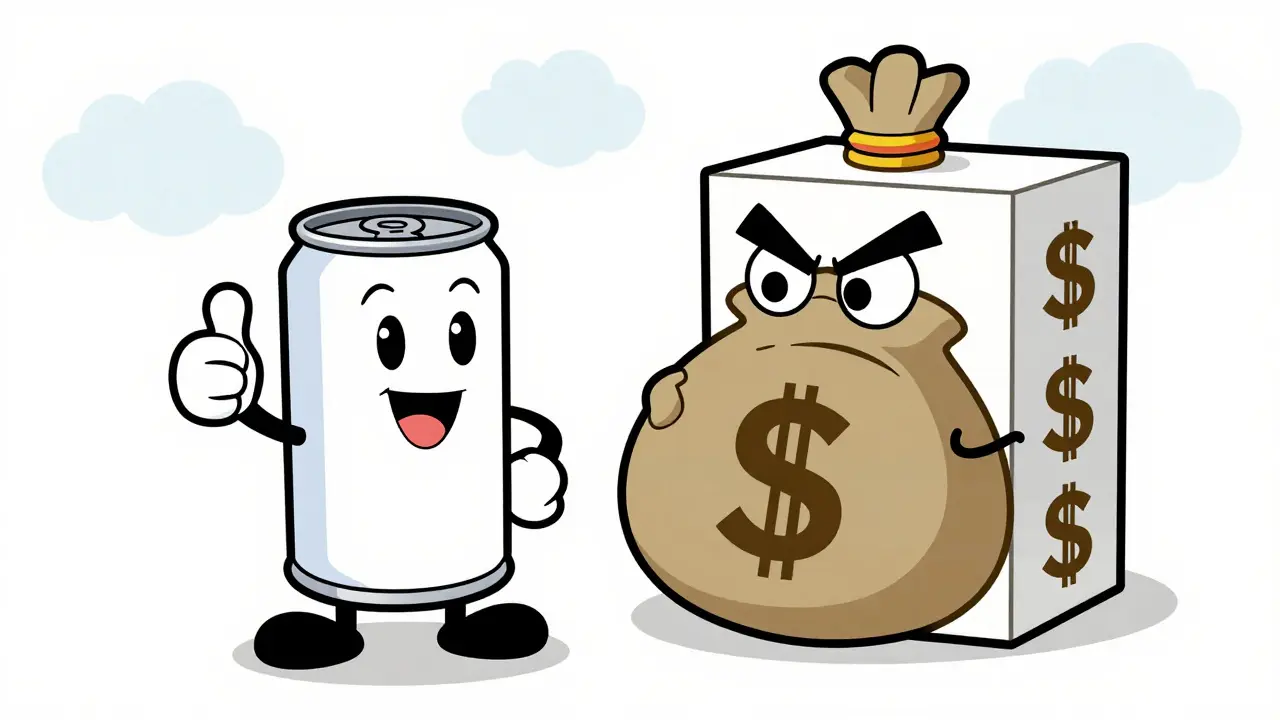 Cheerful generic inhaler vs grumpy expensive brand inhaler cartoon