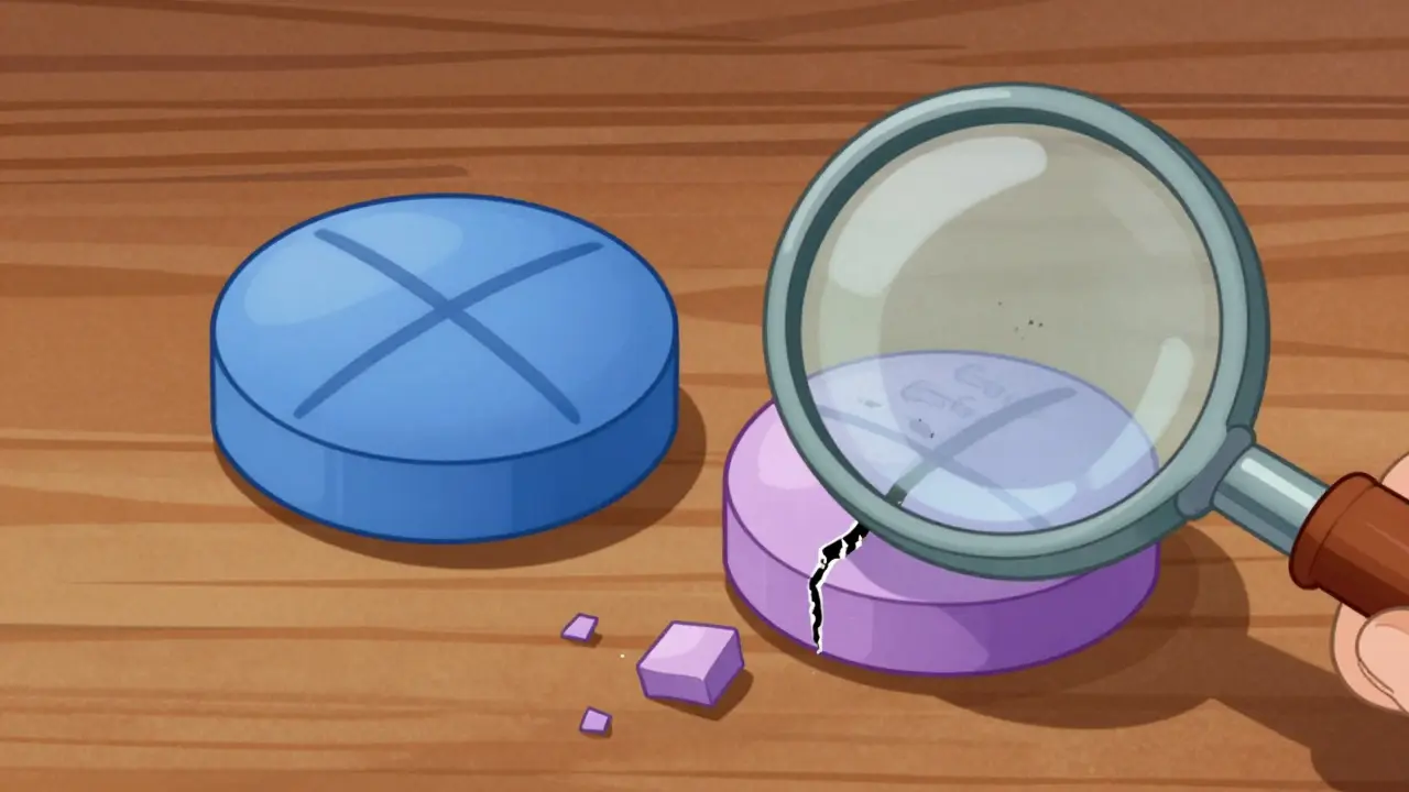 Close up cartoon comparison of real vs fake cracked pill