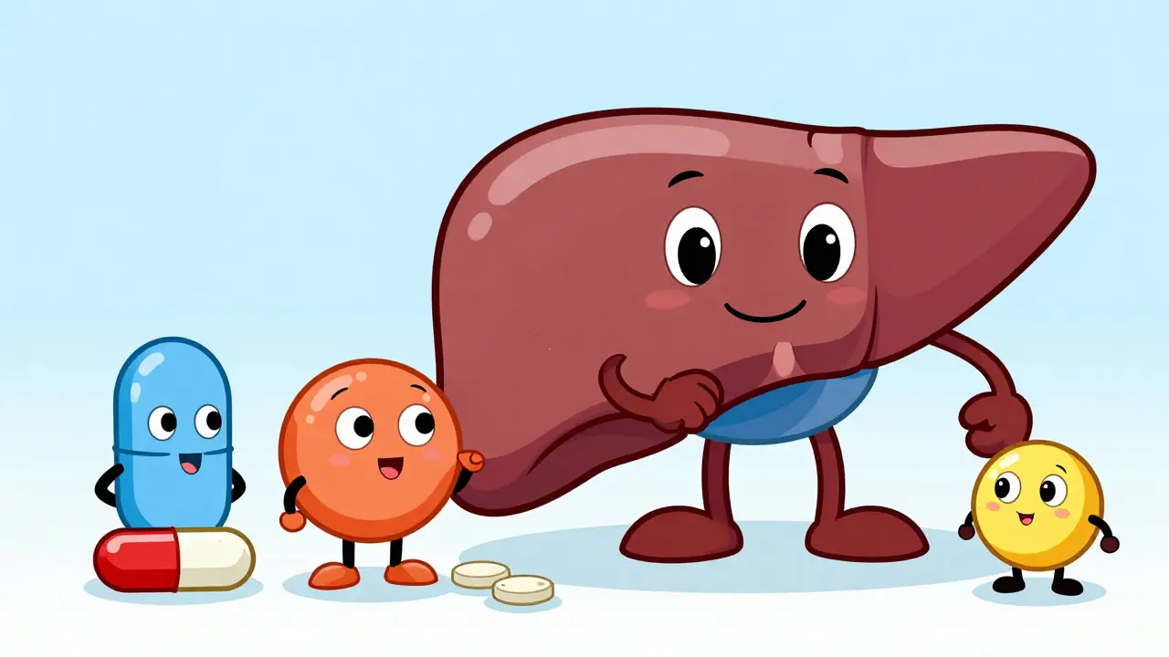 Cute pill characters and a healthy liver in a Hanna-Barbera style cartoon