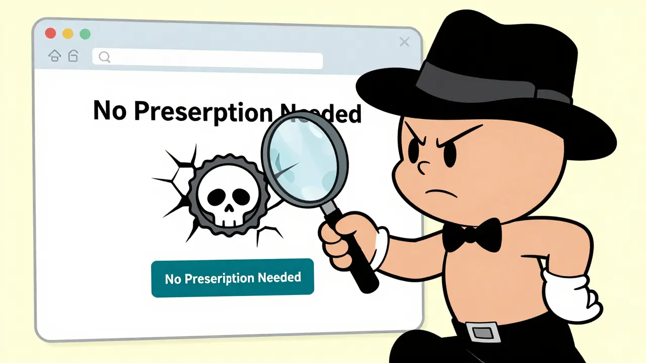 Detective checking fake pharmacy warning signs in cartoon style