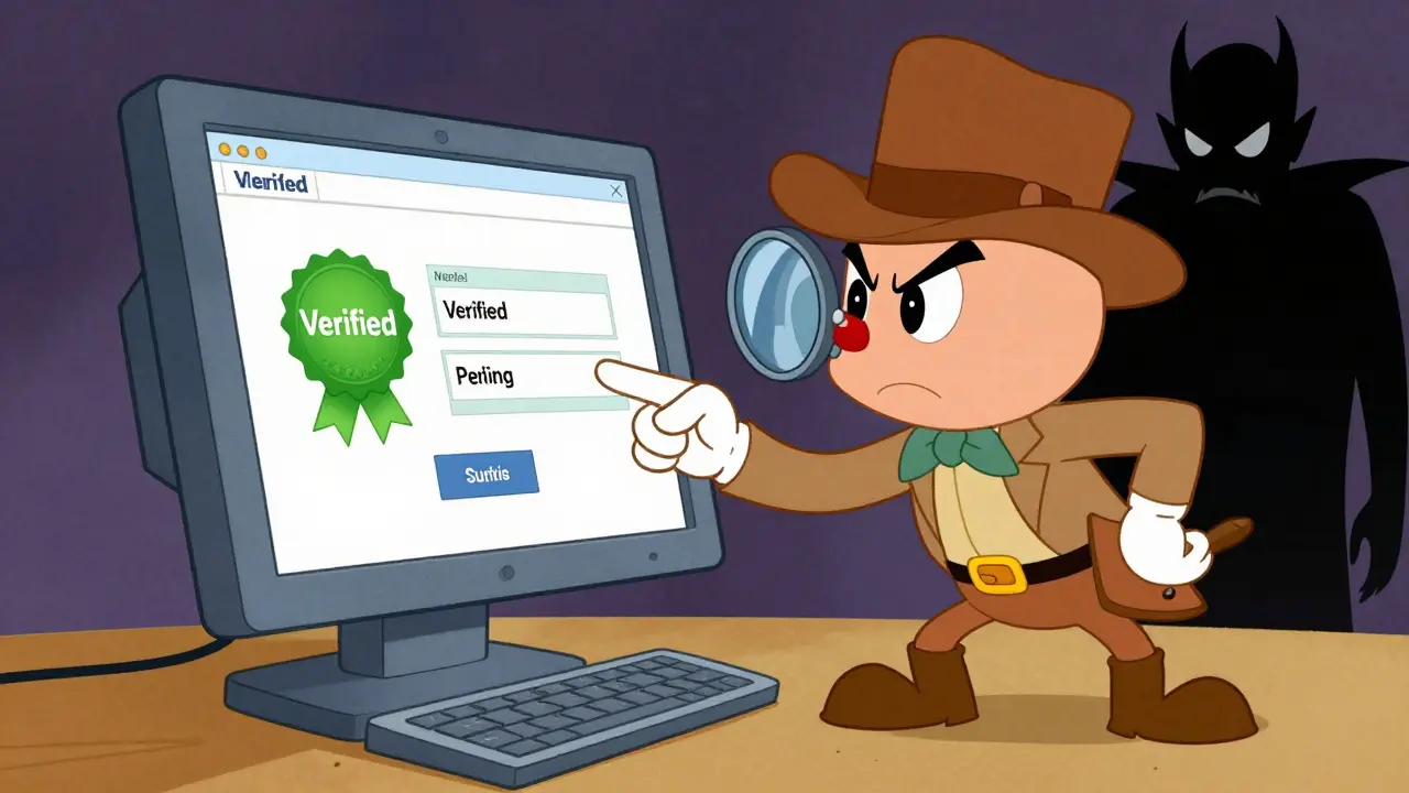 Detective verifying online pharmacy legitimacy with magnifying glass