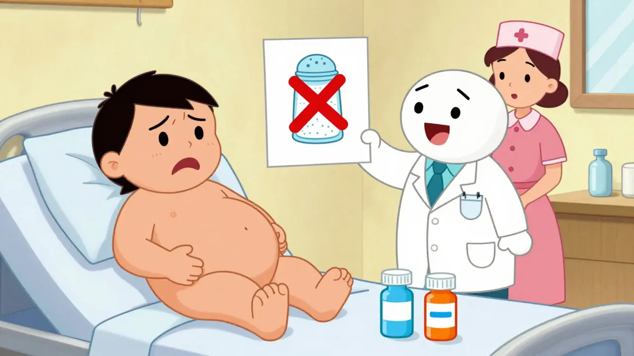 Doctor explaining salt restriction and pills to patient with swollen belly