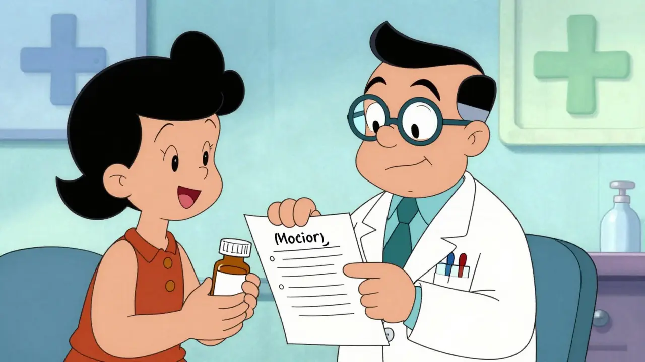 Doctor reassuring a patient about medication safety in a cartoon style