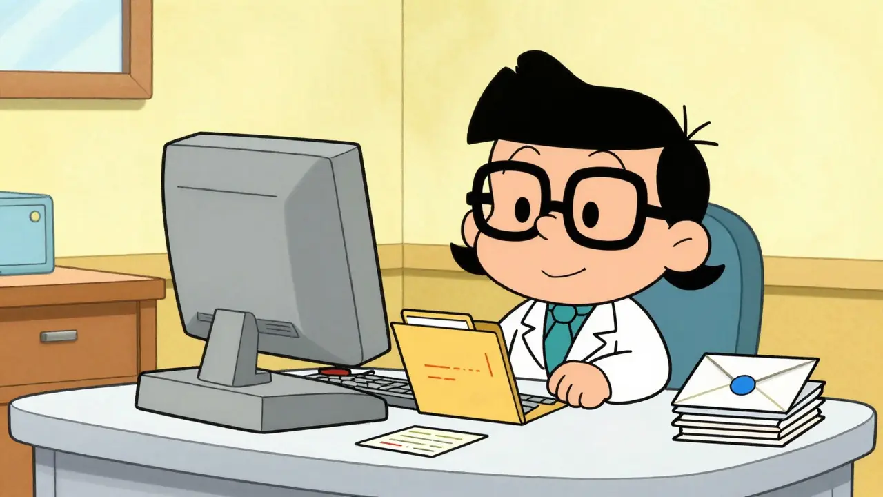 Friendly cartoon doctor at desk with prescription files and mail