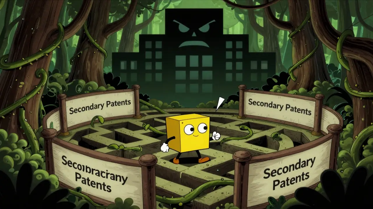 Generic drug mascot navigating patent thicket maze