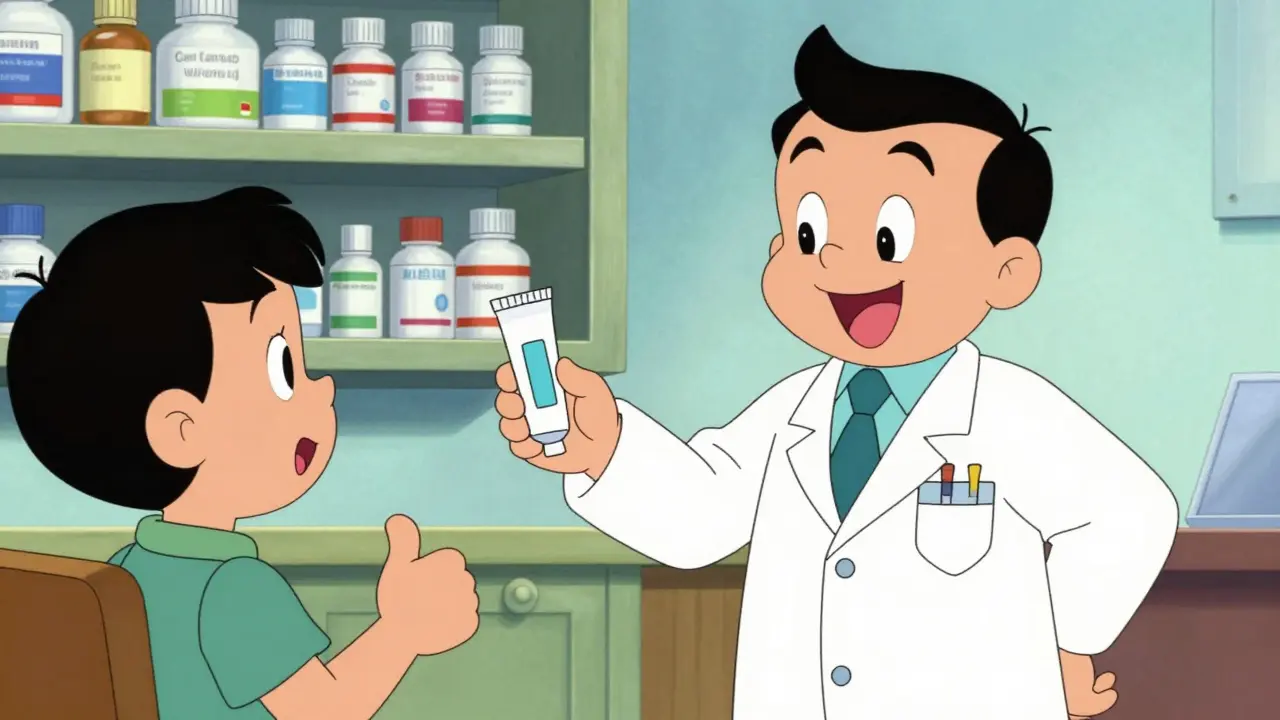 Happy customer receiving affordable generic cream from pharmacist