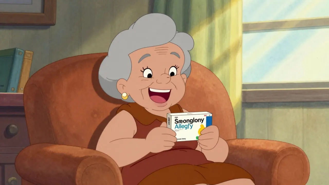 Happy elderly woman feeling relieved and energetic after switching to modern allergy medication.
