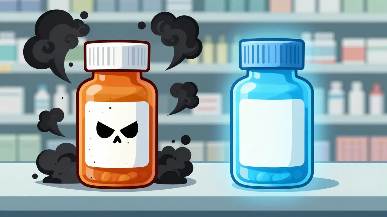 Illustration comparing old dangerous pills with new safe allergy medications using bright vs dark visuals.