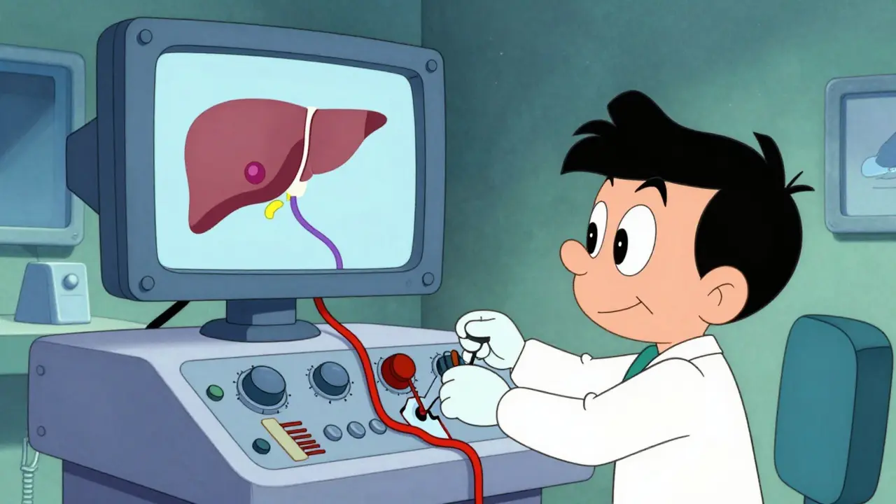 Illustration of TIPS procedure creating new vein channel in liver