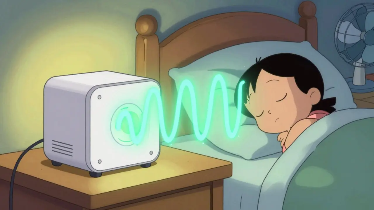 Peaceful sleeper masked by soothing sound waves from a white noise machine