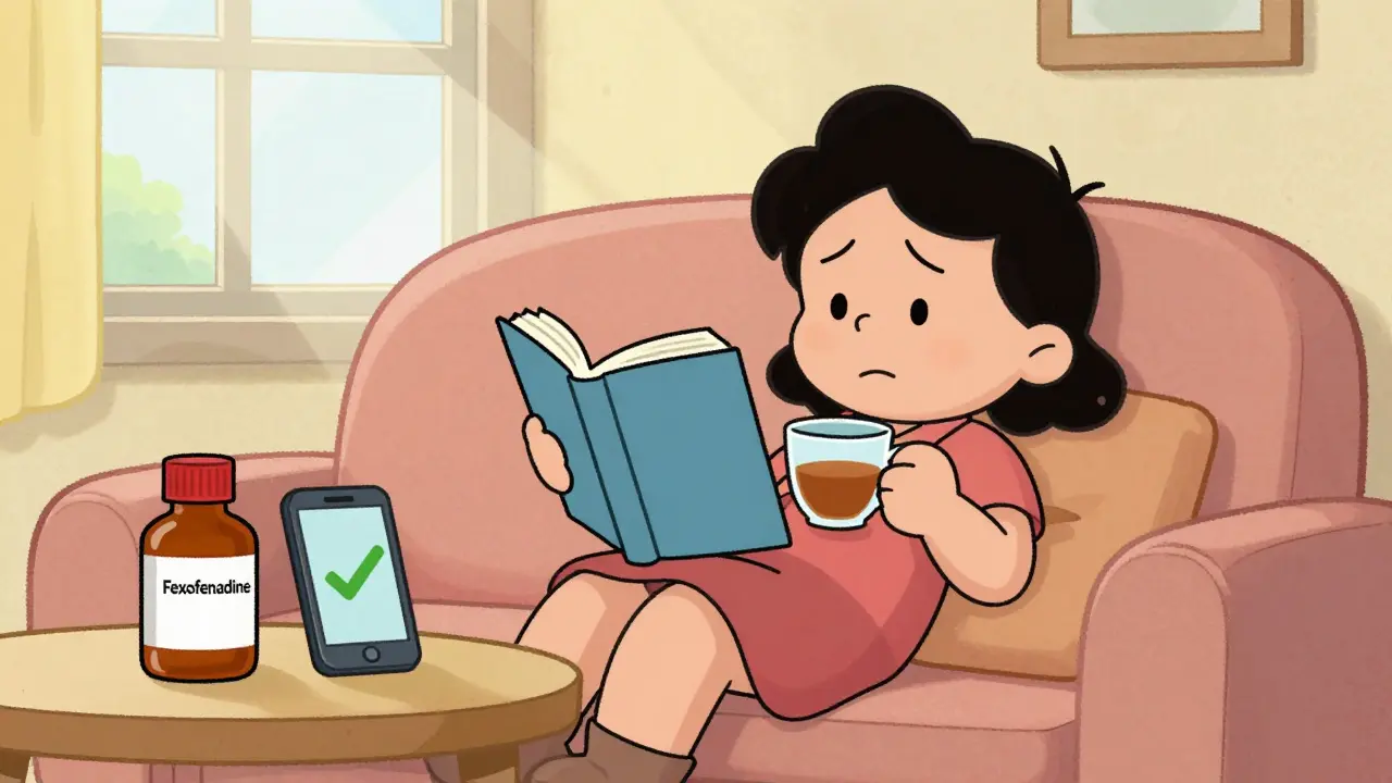 Relaxed cartoon person enjoying allergy relief at home
