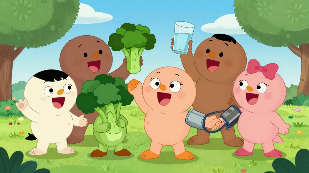 Animated characters drinking water and eating healthy foods