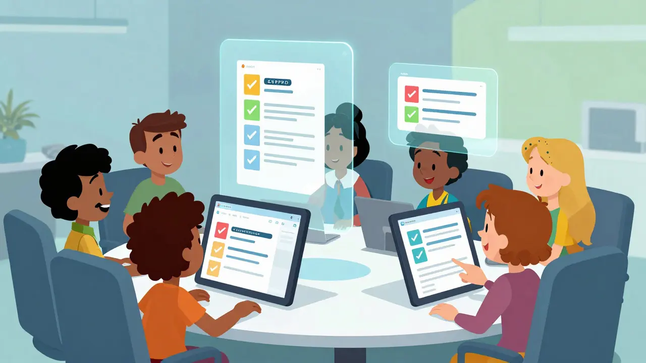 Animated team using digital tablets for efficient electronic procurement process
