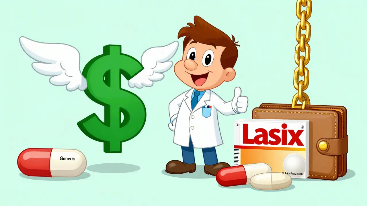 Cartoon comparison of cheap generic pills vs expensive brand name drugs