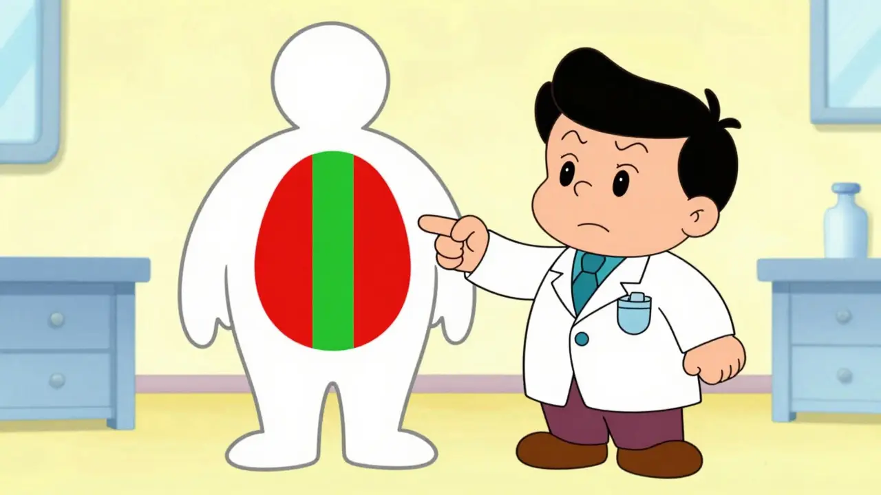 Cartoon doctor pointing to a narrow safe zone on a medical chart explaining drug risks.