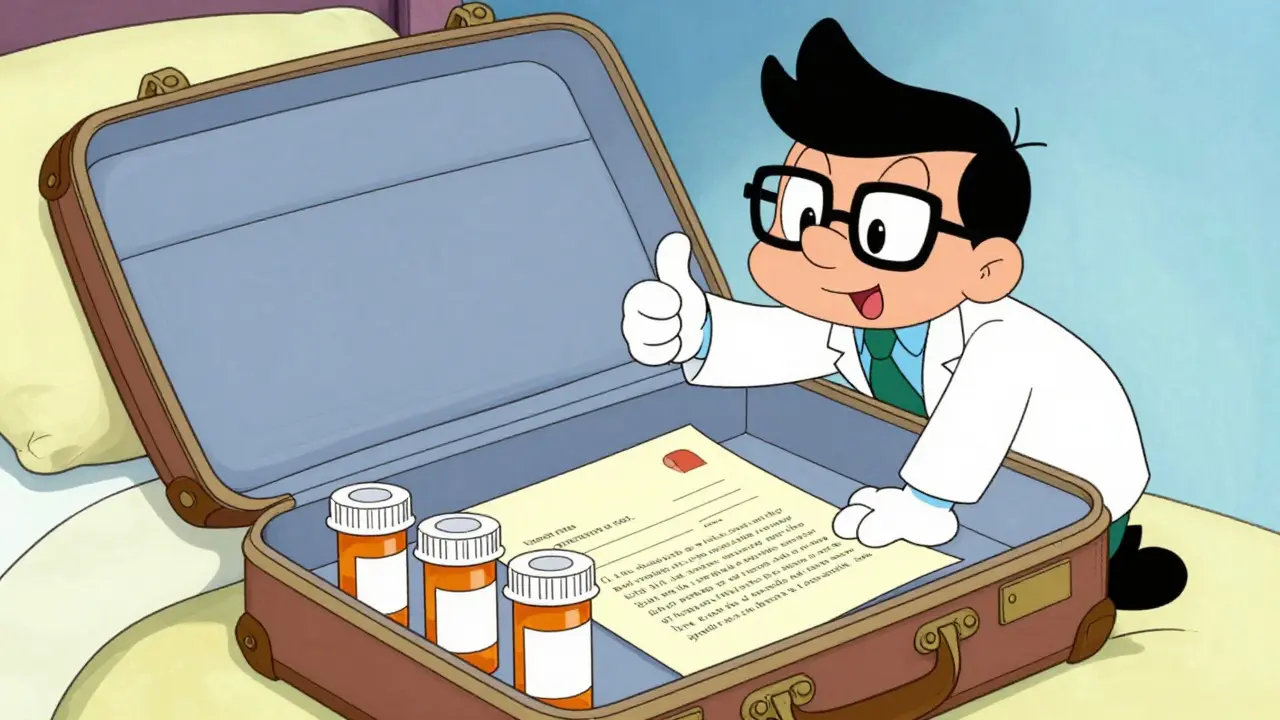 Cartoon guide showing proper travel medication packing checklist