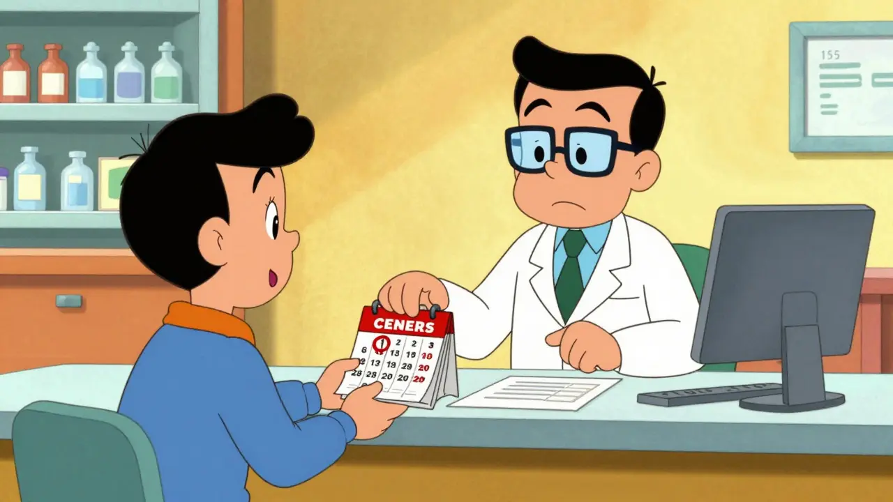 Cartoon pharmacist advising a patient about monitoring schedule after switching medication.