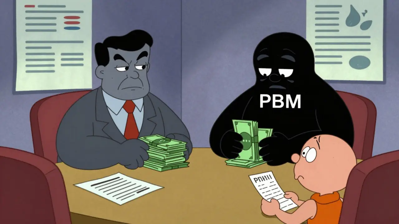 Cartoon showing PBM negotiations and hidden drug fees