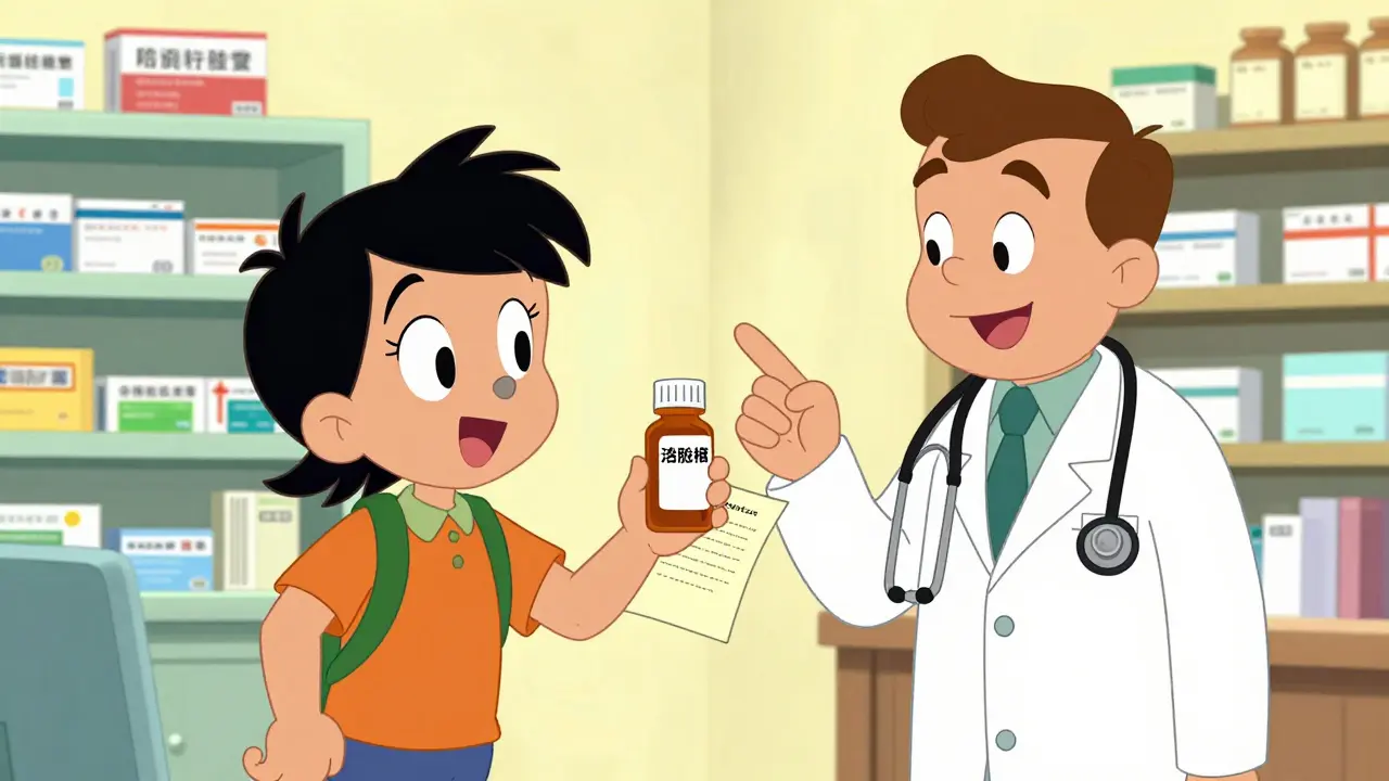 Cartoon traveler successfully getting meds from local pharmacist