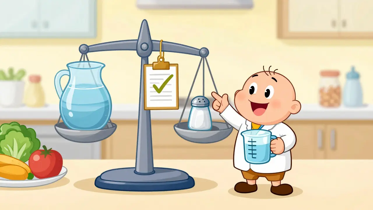 Doctor explaining sodium balance with a scale