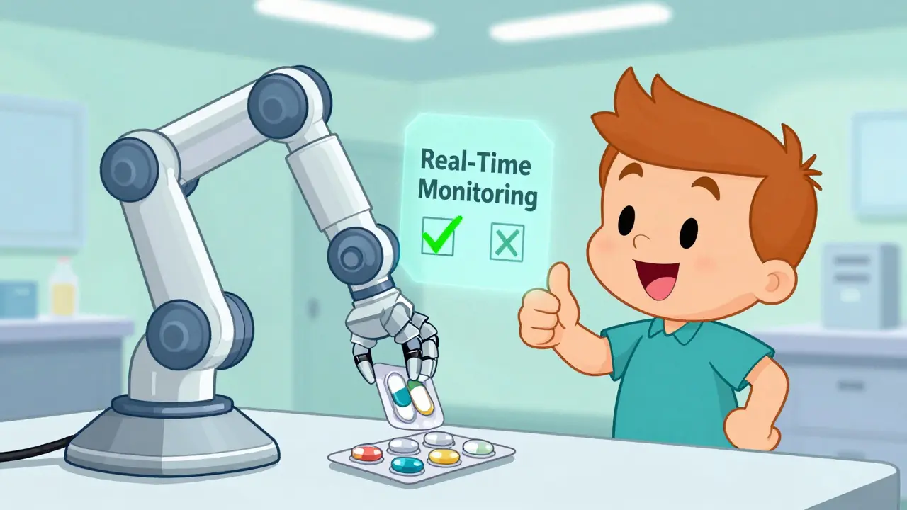 Friendly robot and operator monitoring pill production safely