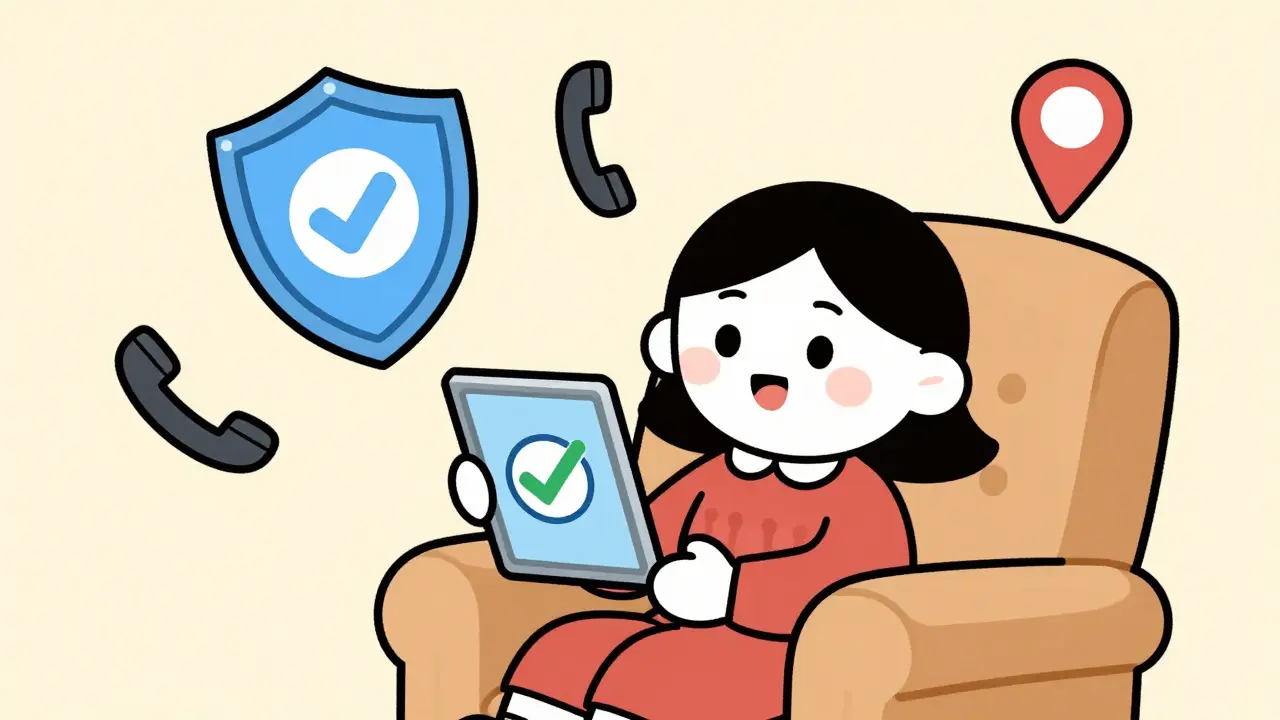 Happy cartoon character safely ordering medicine online with verification icons