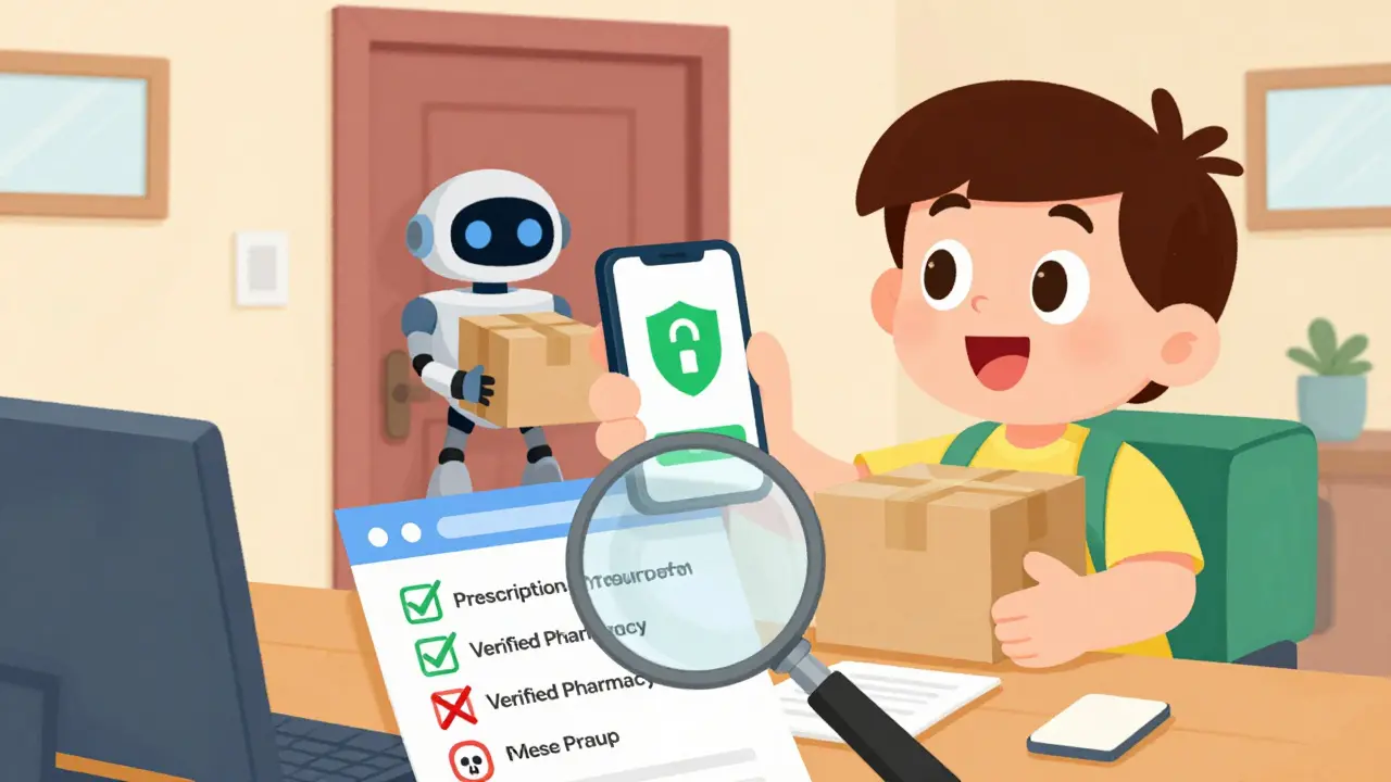 Happy person safely ordering generic medication online
