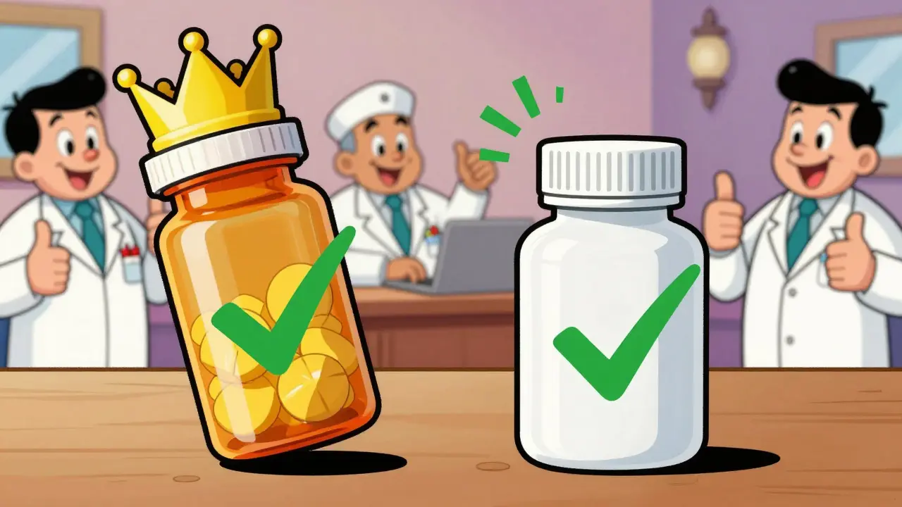 Illustration comparing brand name and generic statin pills