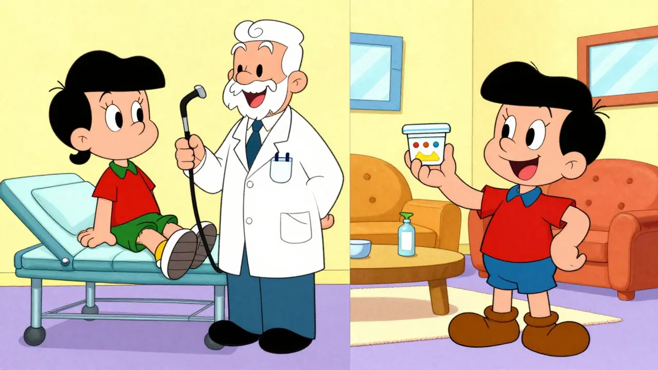 Illustration comparing colonoscopy procedure with at-home stool test kits.