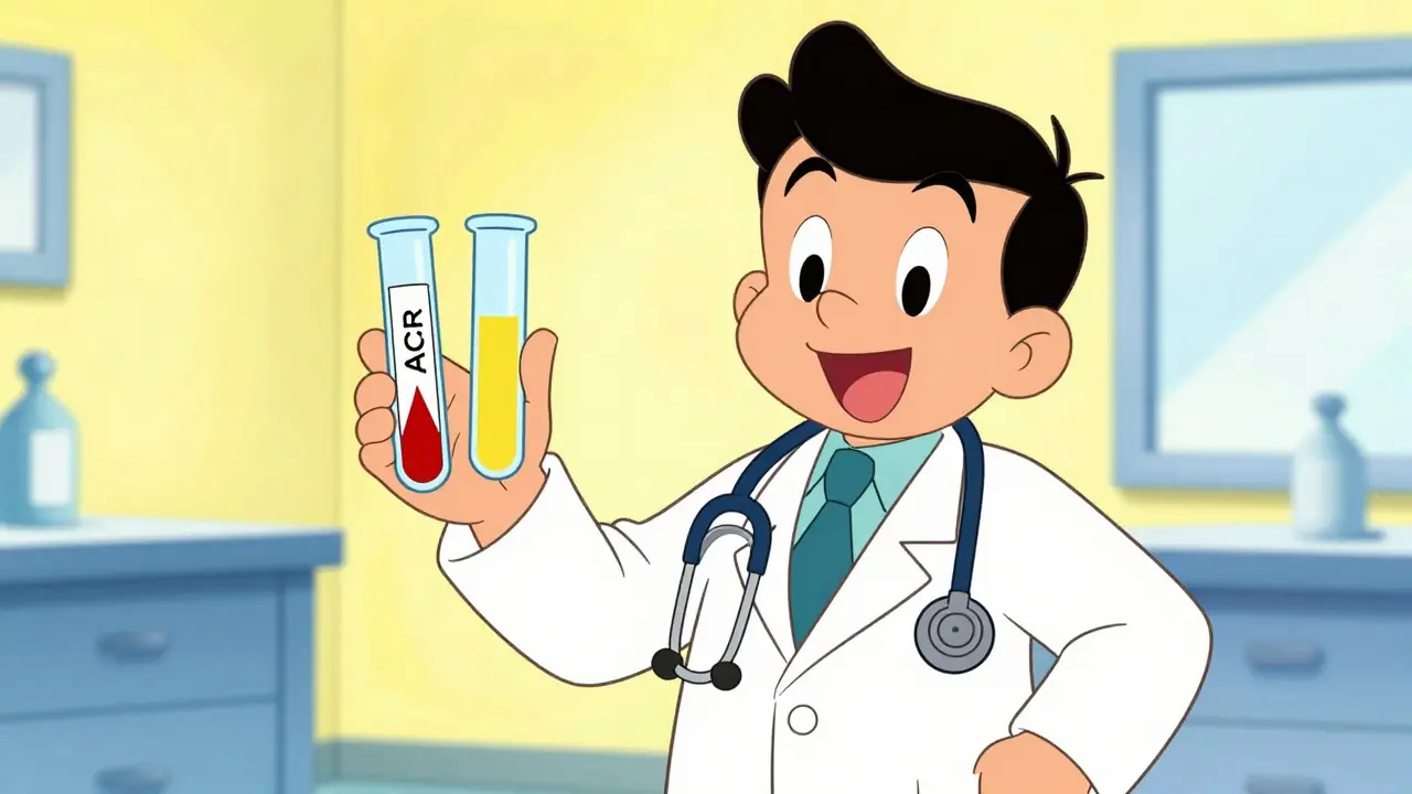 Retro cartoon doctor holding blood and urine test tubes