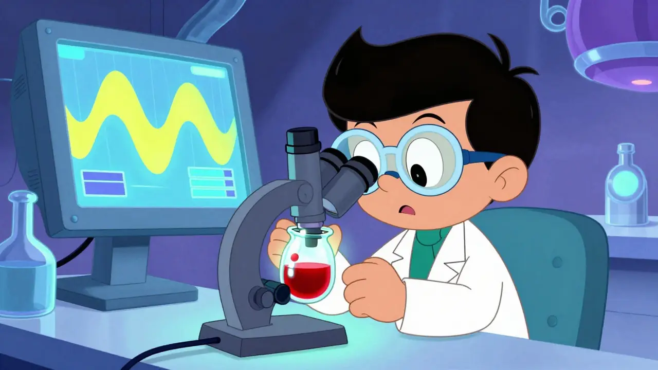 Retro-style scientist examining blood sample with AI technology in background.