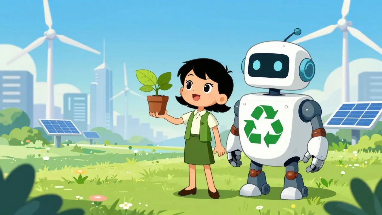 SME owner and robot assistant promoting sustainable green procurement practices