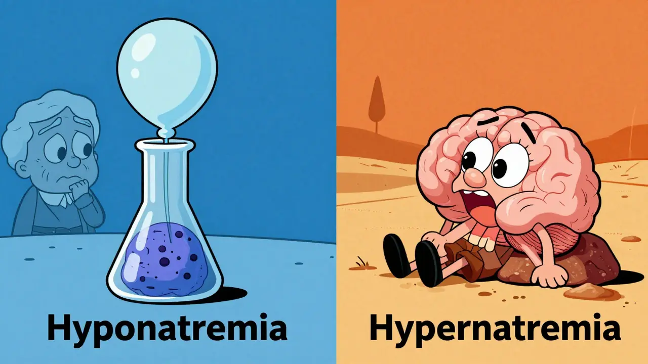Split screen showing swollen vs shriveled brain cells