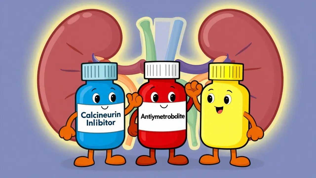 Three friendly medicine bottles representing triple therapy regimen