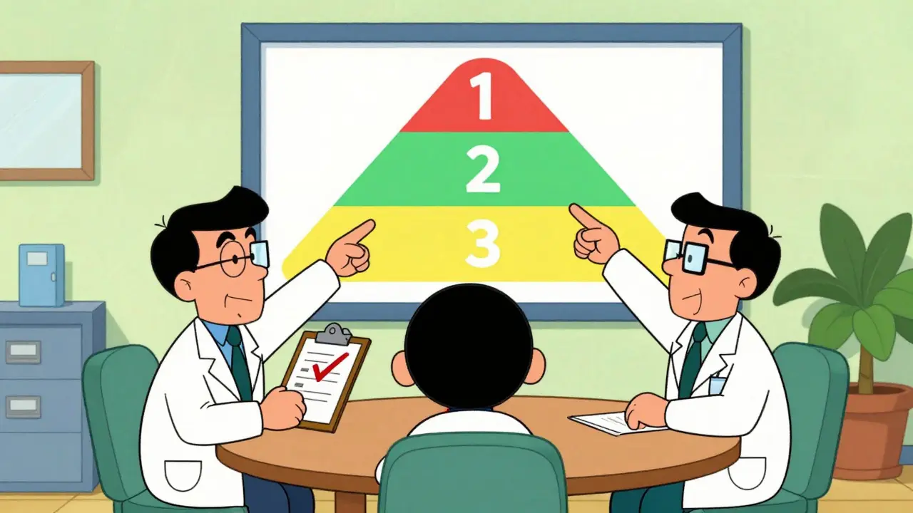 Animated doctors reviewing a tiered drug formulary chart in a meeting