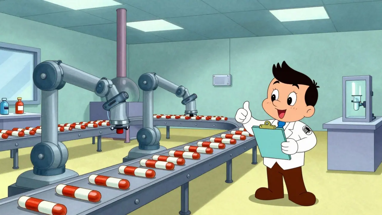 Animated factory inspector approving generic pill production