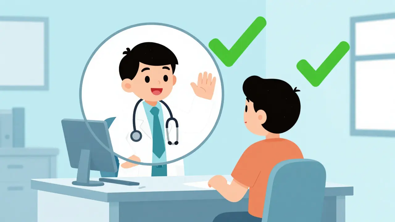 Cartoon doctor and patient having a safe video consultation