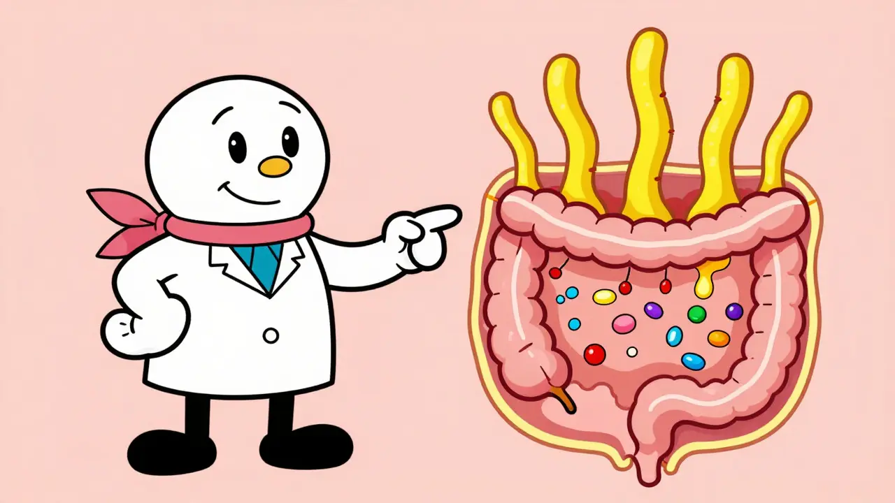 Cartoon doctor showing healthy vs damaged intestine villi simply