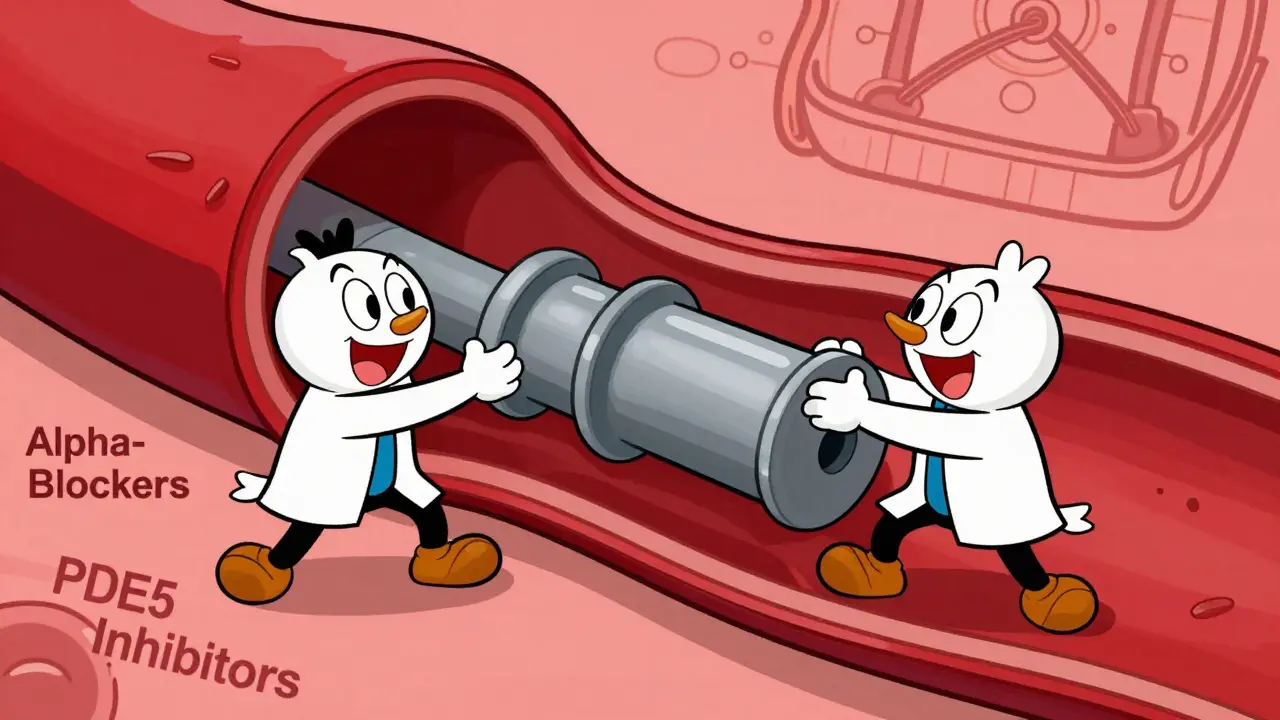 Cartoon mascots widening blood vessel valves